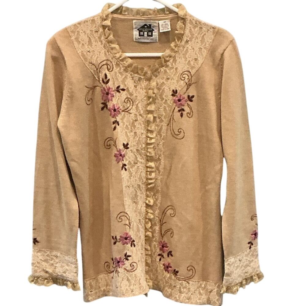 Storybook Knits Womens Romantic Lace Embroidered Cardigan Sweater Cottage Garden